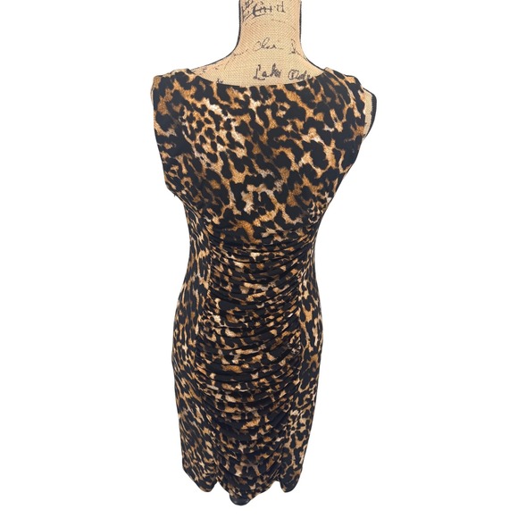 Calvin Klein Women's 8 Leopard Print Sheath Dress Sleeveless Ruched Mob Wife - Picture 3 of 10